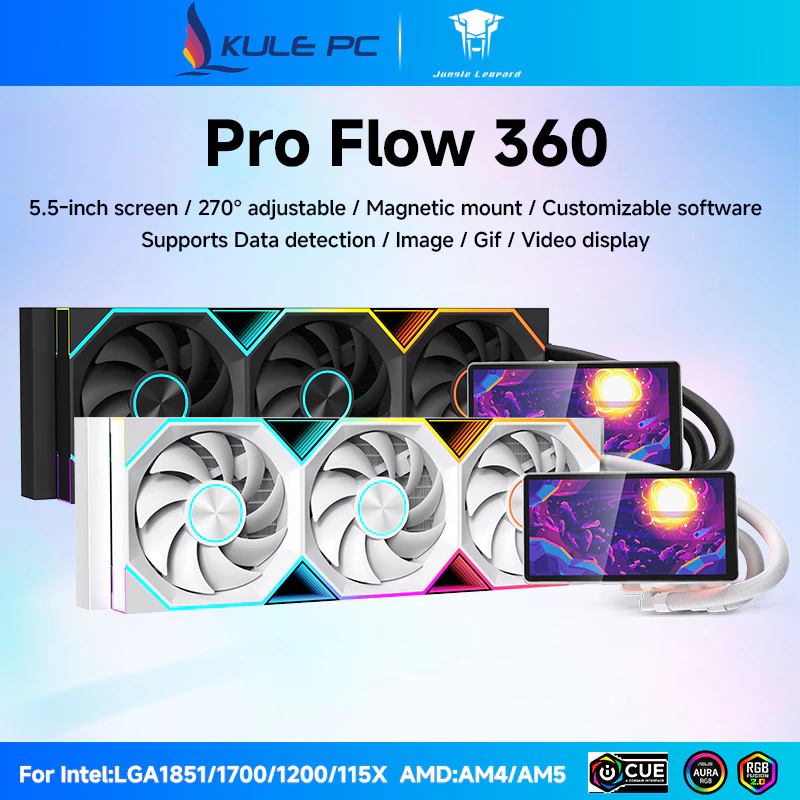 Jungle Leopard Pro Flow 360 CPU Aio Cooler 5.5 นิ้วหน้าจอ LCD / 360 มม.พัดลม/5V 3PIN ARGB Mobo Sync 4PIN PWM Daisy Chain สําหรับ Intel LGA1155 LGA1200 LGA1700 AMD AM5 AM4