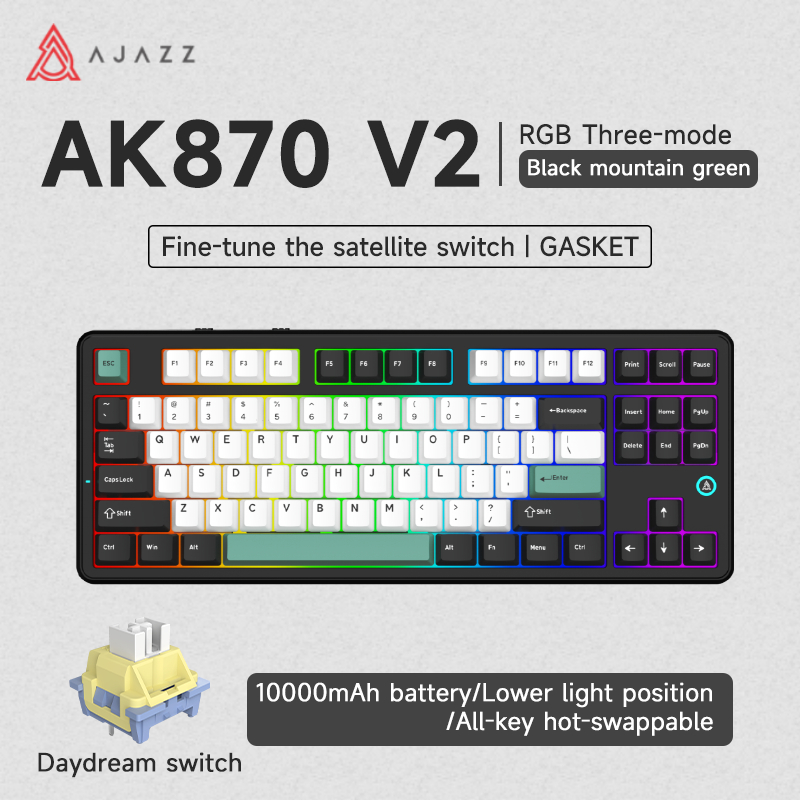 AJAZZ AK870 PLUS V2 คีย์บอร์ดไร้สาย TFT หน้าจอสีสามโหมด 2.4g บลูทูธที่กําหนดเอง Hot-swap 10000mAH เก