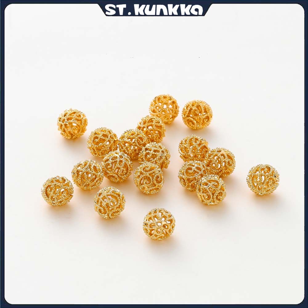 ลูกปัดสเปเซอร์ฉลุลายปมจีนทรงลูกบอลปะการังขนาด 10 มม. ชุบทอง 18K 5 ชิ้น สีไม่ลอกไม่แพ้ สำหรับทำสร้อยคอสร้อยข้อมือ DIY