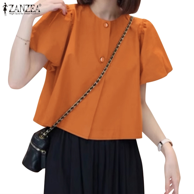 ZANZEA เสื้อเบลาส์กระดุมแขนพัฟสั้นลําลองสไตล์เกาหลีสําหรับผู้หญิง