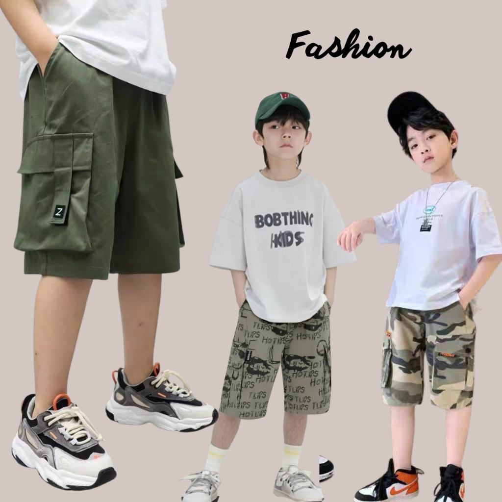 【จัดส่งจากไทย】สินค้าสั้นสําหรับเด็กสไตล์เกาหลี4กระเป๋ากางเกงกลางสีพื้นคุณภาพสูงสําหรับเด็กผู้ชาย