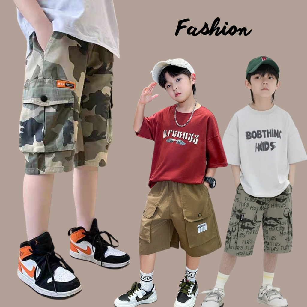 พร้อมส่งด่วน กางเกงขาสั้นคาร์โก้สำหรับเด็กผู้ชาย สไตล์เกาหลี ดีไซน์กระเป๋าหลายช่อง เป็นกางเกงคุณภาพสูงที่เหมาะกับเด็กผู้ชาย