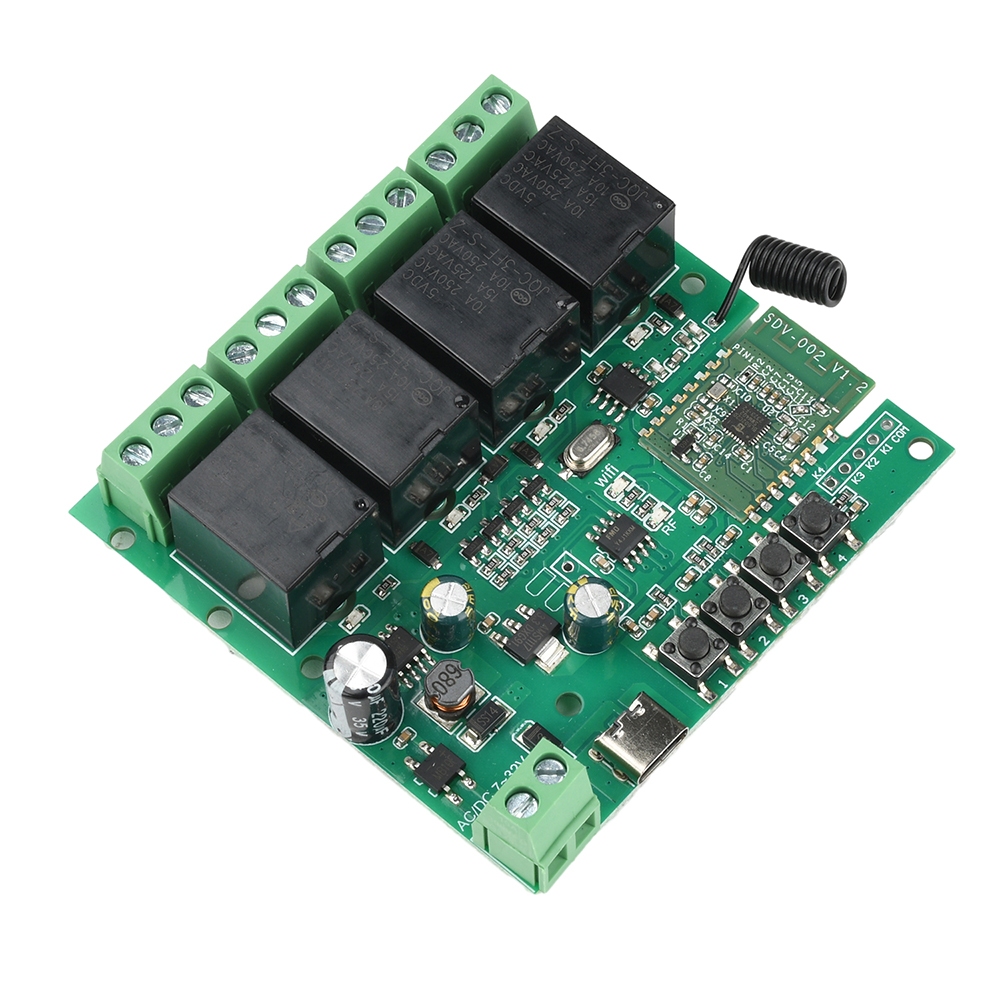 Pcbfun AC/DC7-32V/Type-C 5V 4-Channel Wifi รีโมทคอนโทรลรีเลย์สวิทช์โมดูลรองรับ 433Mhz รีโมทคอนโทรลเชื่อมต่อ eWeLink APP