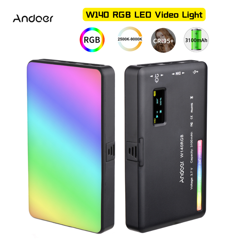 Andoer W140 ไฟวิดีโอ LED RGB แบบชาร์จไฟ เติมแสง CRI95+ 2500K-9000K หรี่แสงได้ 20 เอฟเฟกต์แสง พร้อมอะแดปเตอร์ หน้าจอ LCD สําหรับ Vlog สตรีมมิ่ง ถ่ายทอดสด