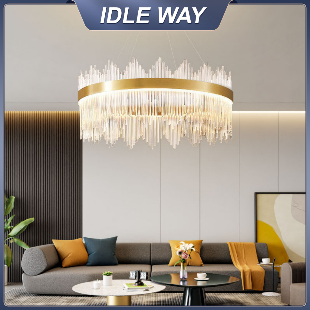 โคมไฟระย้าคริสตัล K9 เหมาะสำหรับห้องนั่งเล่น ห้องนอน ห้องโถง ร้านอาหาร แถบไฟ LED สเตนเลสขัดเงาไททาเนียม.