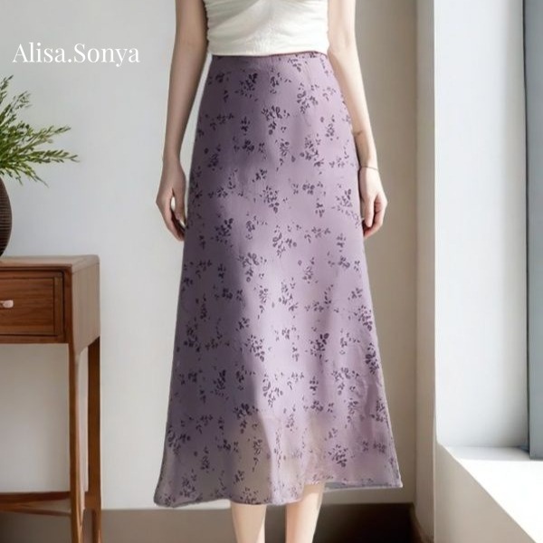 Alisa.Sonya กระโปรงเอวสูง ลายดอกไม้ สีม่วง แฟชั่นฤดูร้อน สำหรับผู้หญิง 24AS1290