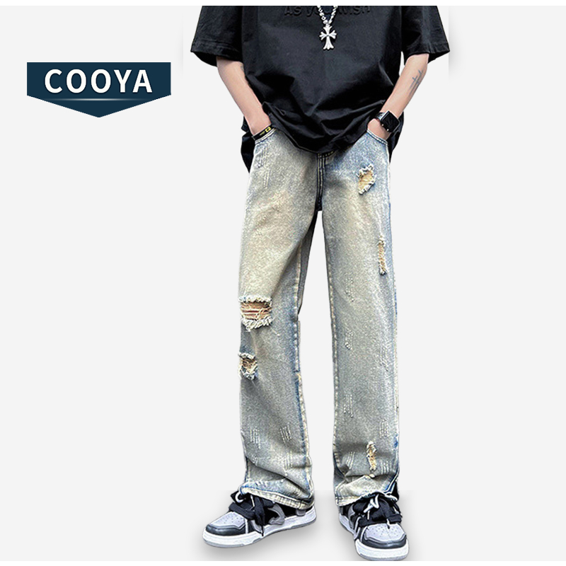 COOYA กางเกงยีนส์ผู้ชาย วินเทจผู้ชาย แต่งซิป ไฮสตรีท ฮิปฮอป ขาดเข่า ทรงหลวม สไตล์อเมริกัน กางเกงสตรีท