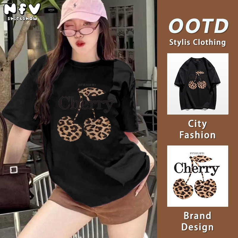 [จัดส่งจากกรุงเทพฯ] NFV เสื้อยืดเกาหลี🍒ลายเชอร์รี่-เสือดาว แขนสั้นคอกลม โอเวอร์ไซซ์ ทรงหลวม ระบายอากาศ YG584