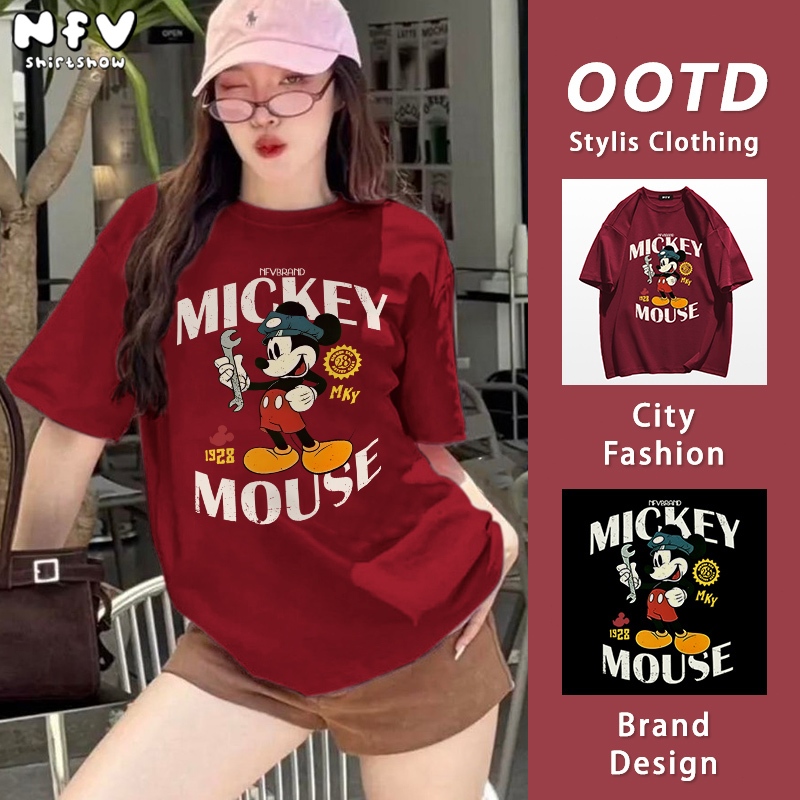 NFV แฟชั่นเกาหลี🎀เสื้อยืดแขนสั้นคอกลม ลายพิมพ์การ์ตูนมิกกี้เมาส์ ใส่สบาย ทรงหลวม ผ้าฝ้ายแท้ YG535