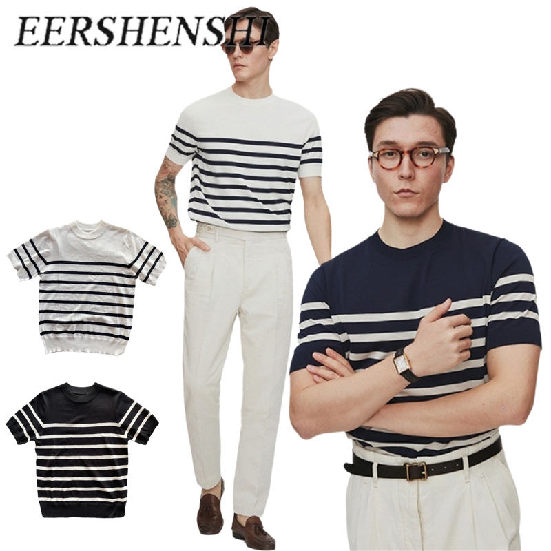 EERSHENSHI เสื้อยืดแขนสั้นลายทางสำหรับผู้ชาย ฤดูร้อน เสื้อสเวตเตอร์แบบหลวม ลายพิมพ์