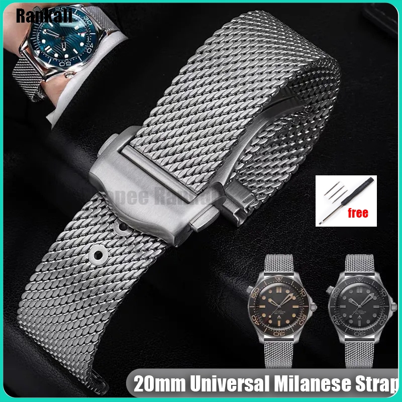 คุณภาพสูง 20 มม.Milanese สแตนเลสสตีลนาฬิกาสําหรับ Omega Seamaster 007 สําหรับ Seiko เปลี่ยนสร้อยข้อมือตาข่ายโลหะพับหัวเข็มขัดนาฬิกาผู้หญิงผู้ชาย Accessorie