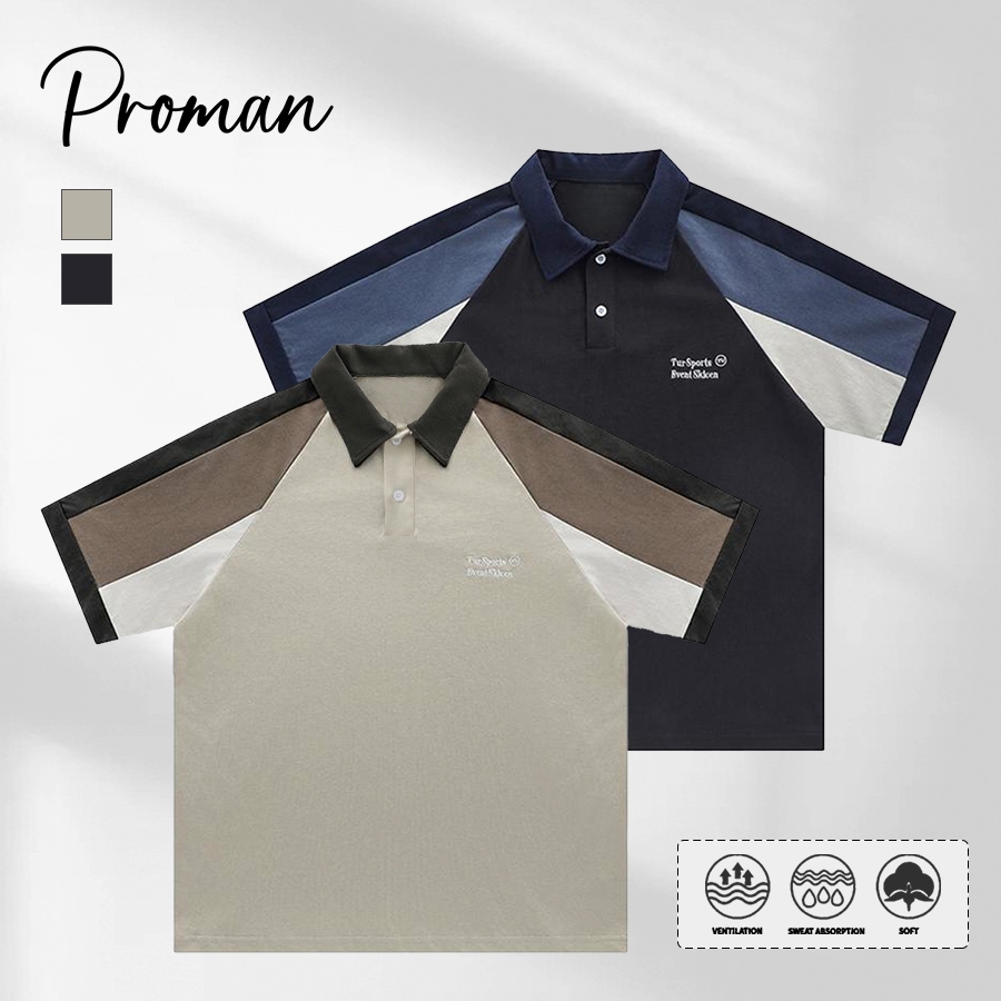 ⚡PROMAN⚡เสื้อโปโลสีผสมสำหรับผู้ชาย  เสื้อยืดด้วยการพิมพ์ดิจิทัล  สไตล์ยูทิลิตี้ ฟิตทุกโอกาส   หลวม