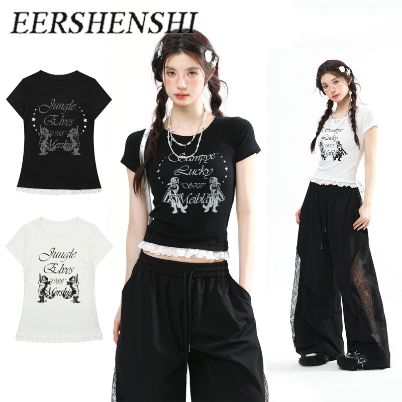 EERSHENSHI คำถามฤดูร้อนสไตล์ถนนลูกไม้เย็บปะติดปะต่อกันถักออกแบบแขนสั้นเสื้อยืด