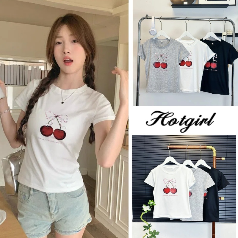 Hotgirl พร้อมส่ง✨เสื้อยืดสวยๆผู้หญิง เสื้อยืดคอกลมครอป สีพื้น ลายเชอร์รี่สุดน่ารัก สไตล์สลิมฟิต สไตล์เกาหลีหวานๆ