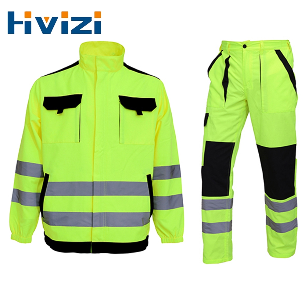 Hi Vis ชุดสําหรับชายความปลอดภัยสะท้อนแสงแจ็คเก็ตและกางเกงชุด High V การมองเห็น Workwear Man Mechanic บางชุดป้องกันแรงงาน