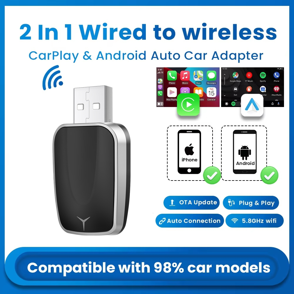Mini 2-in-1 CarPlay Android Auto Adapter wireless CarPlay wireless Android Auto, 5.8GHz Wifi, Androi