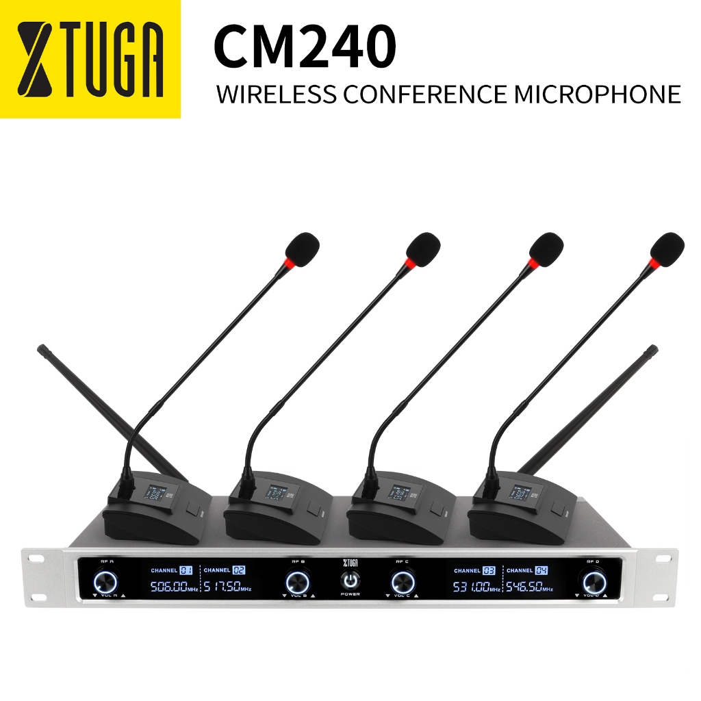 XTUGA CM240 UHF 4 ช่อง Professional Gooseneck Conference ไมโครโฟนระบบ 4 ความถี่คงที่ไร้สาย Gooseneck ไมโครโฟน,สําหรับการประชุมขนาดใหญ่,การประชุม