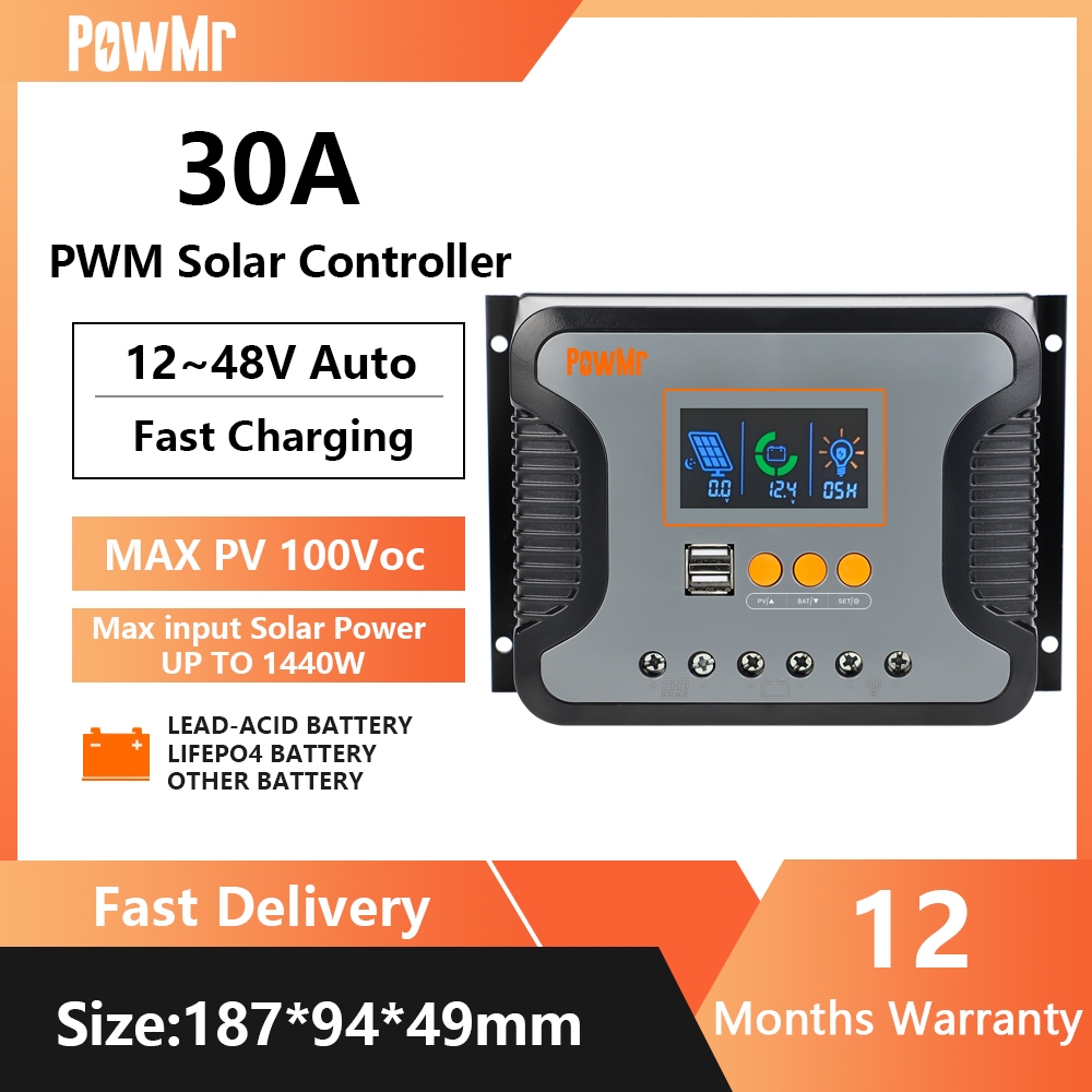 PowMr โซล่าร์ชาร์จเจอร์ 30A PWM ชาร์จเจอร์ 12V/24V/36V/48V ตัวควบคุมพลังงานแสงอาทิตย์ รับประกัน 1 ปี