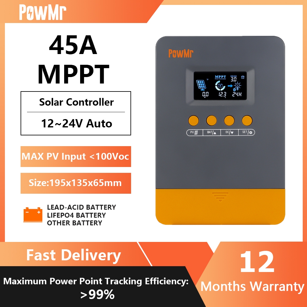 Powmr 45A MPPT ตัวควบคุมเครื่องชาร์จพลังงานแสงอาทิตย์ 12V 24V พร้อม Blacklight LCD Regulator Max PV อินพุต 100VDC สนับสนุน Lifepo4 แบตเตอรี่ที่มีประสิทธิภาพชาร์จ