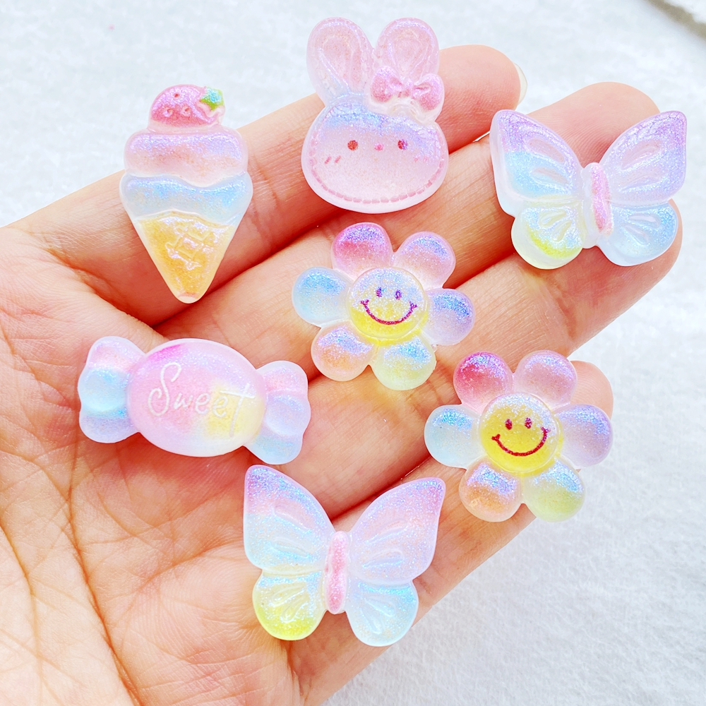 10 ชิ้นใหม่น่ารักเรซิ่นสีรุ้งการ์ตูนไอศกรีม, ดอกทานตะวัน, กระต่าย, ลูกอม, ชุดผีเสื้อแบนกลับอุปกรณ์กิ๊บติดผมอุปกรณ์