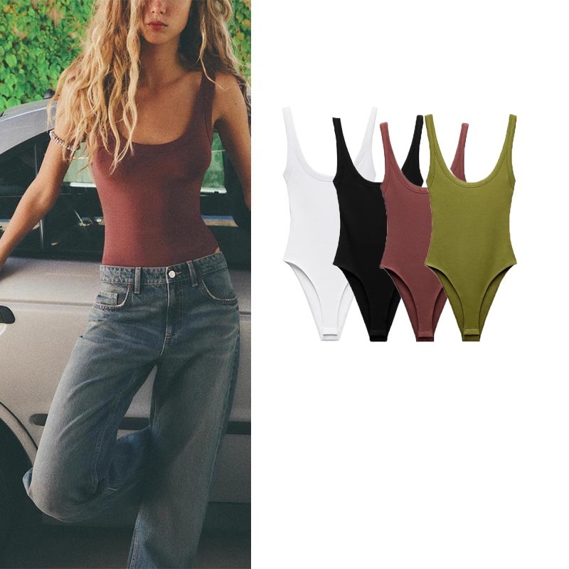 บอดี้สูทลายเส้นยื่นแบบกระชับพร้อมสปร์ดเดอร์ สีทึบสำหรับผู้หญิง (ดำ, แดงอิฐ, เขียว, ขาว)