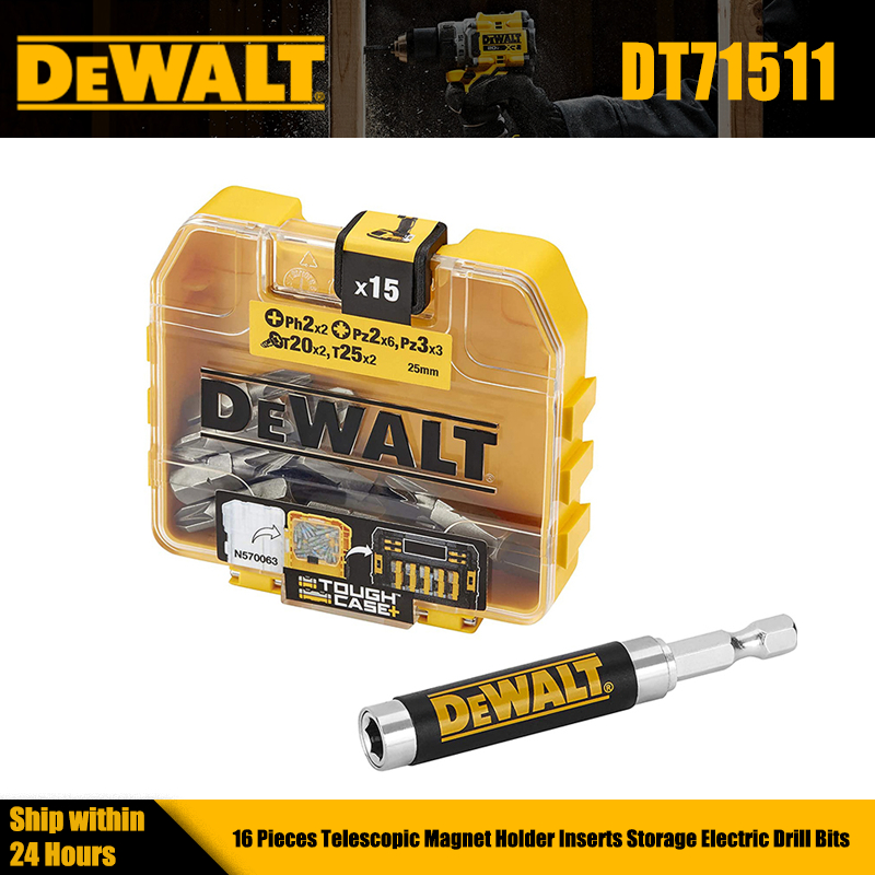 DEWALT DT71511 ไขควงชุด Bit 16 ชิ้น Telescopic Magnetic Holder แทรกเก็บสว่านไฟฟ้า Bits PH2 PZ2 PZ3 T