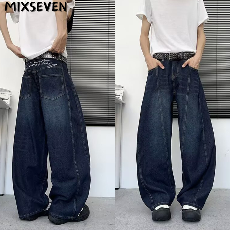 MIXSEVEN-กางเกงยีนส์ยาวชาย สีน้ำเงินเข้ม ทรงกระบอกใหญ่ อเมริกันแฟชั่น ขากว้าง สีฟ้า baggy jeans