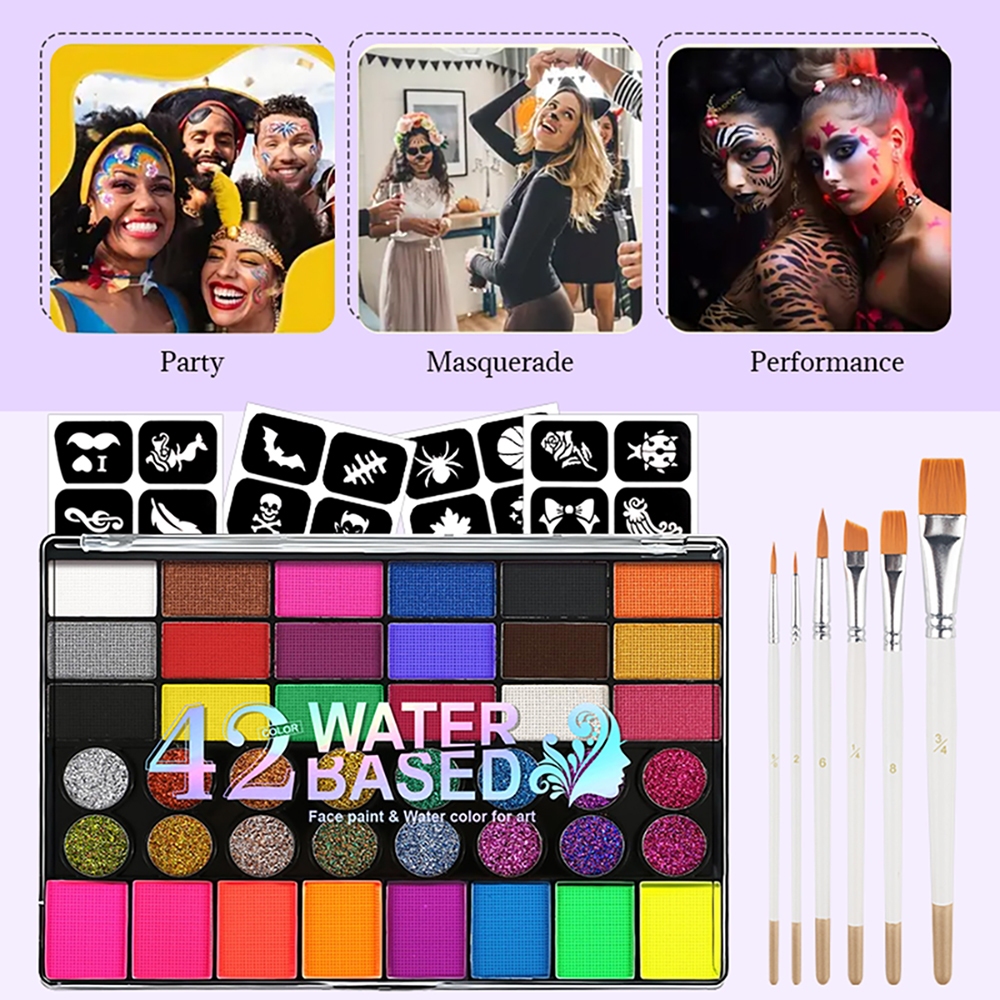 VERONNI 42 สี Face Body Painting ชุด,น้ําที่ละลายน้ําได้ UV Neon Face Paint Art แต่งหน้า,เรืองแสง Glitter เทศกาลฮาโลวีนชุดสี
