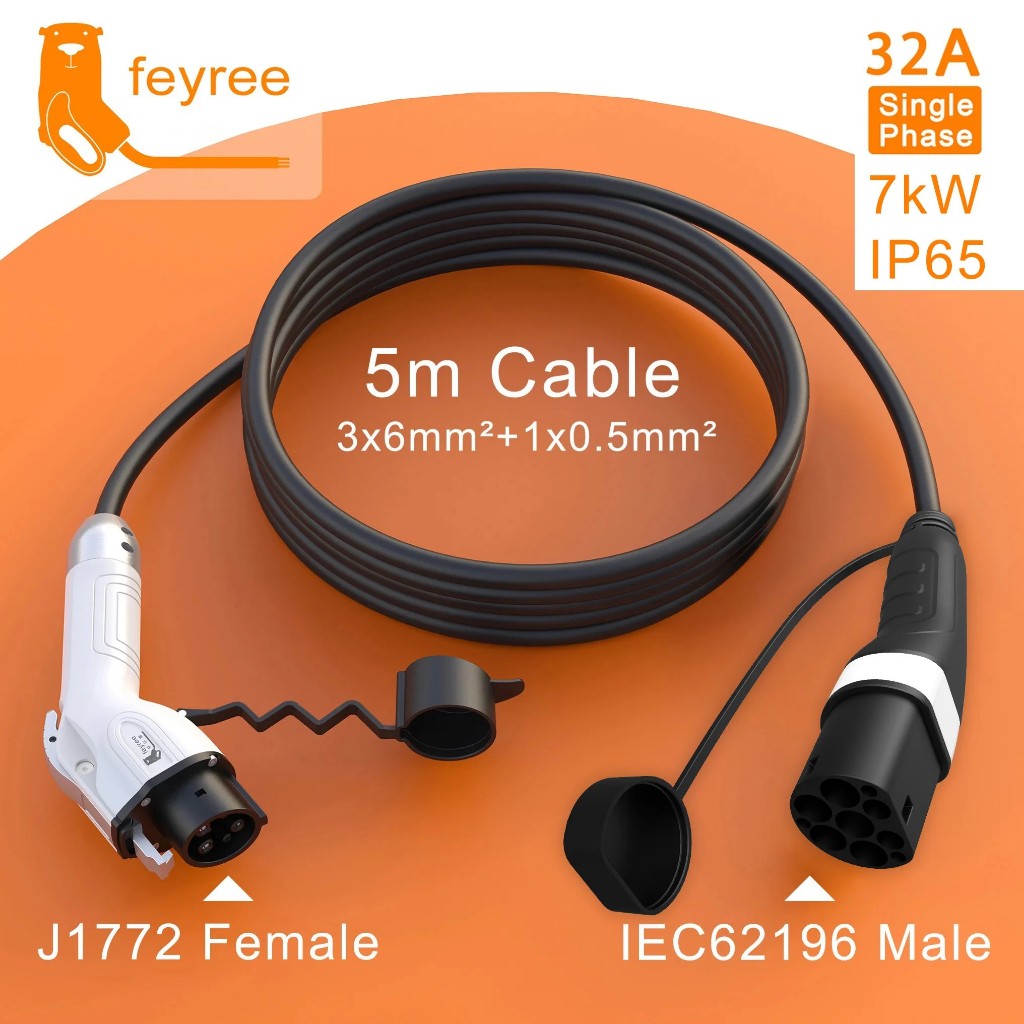 Feyree J1772 สายชาร์จ Type1 เป็น Type2 ตัวเมีย เป็นตัวผู้ 5 ม. 16A 4KW 32A 8KW สําหรับยานพาหนะไฟฟ้า 