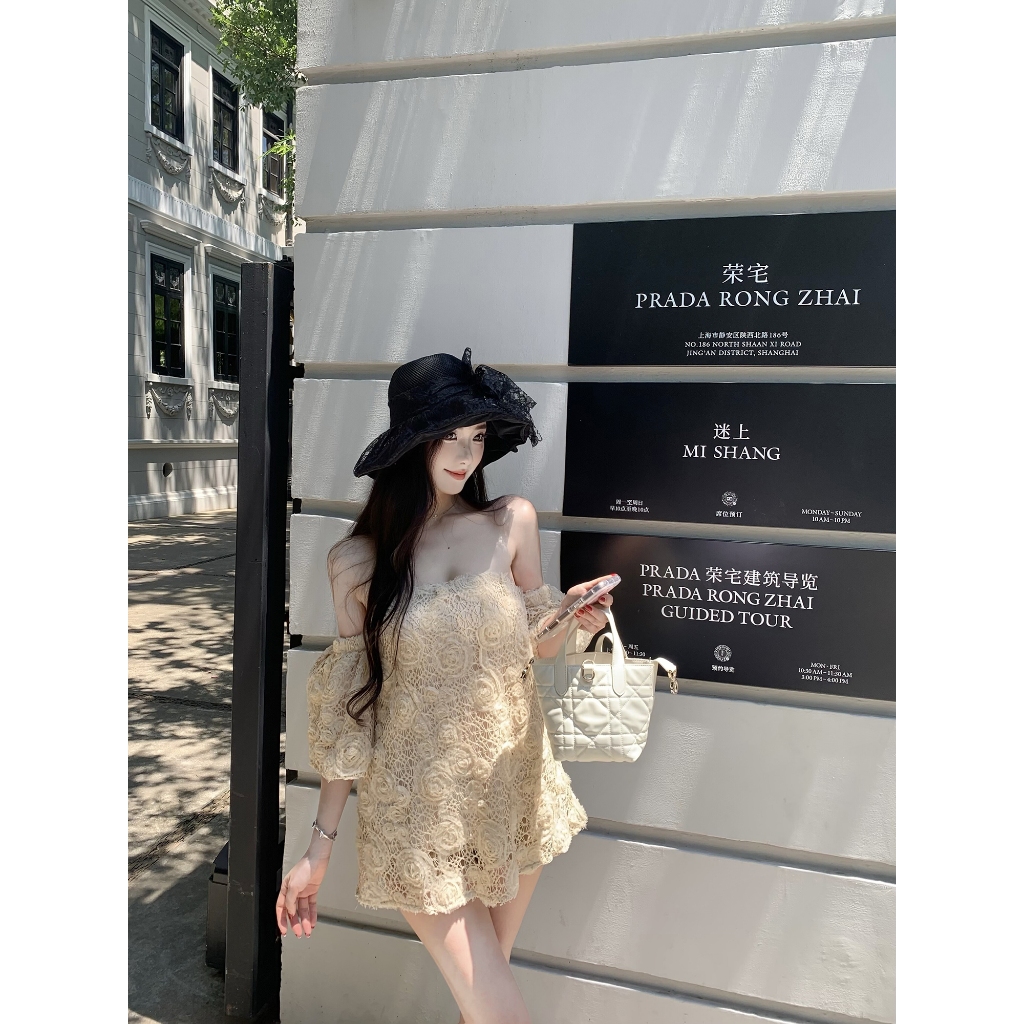 Heavy Industry Crochet Craft French Retro Print One-Shoulder Tube Top ราคา ถูกที่สุด ดีลบีเคเค แกลเลอรีภาพที่ 6