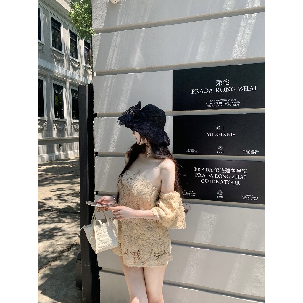Heavy Industry Crochet Craft French Retro Print One-Shoulder Tube Top ราคา ถูกที่สุด ดีลบีเคเค แกลเลอรีภาพที่ 3