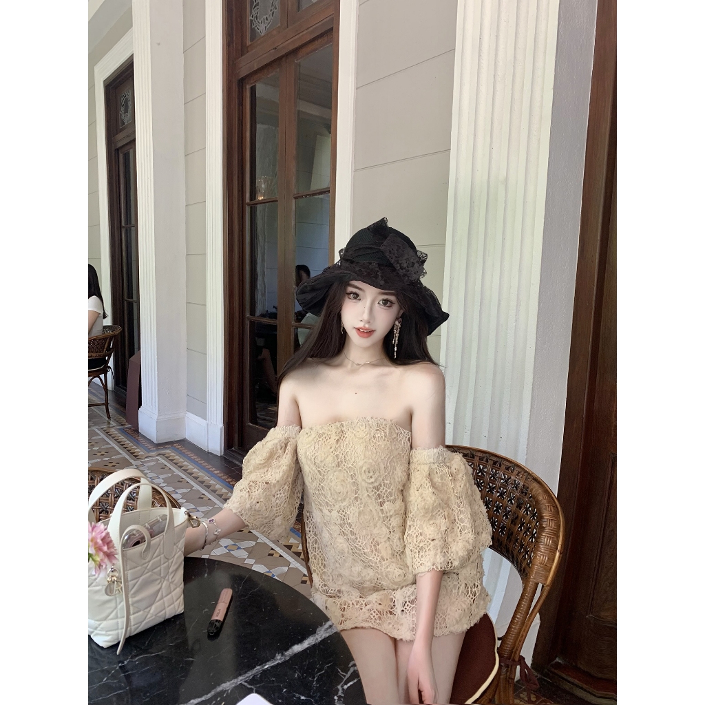 Heavy Industry Crochet Craft French Retro Print One-Shoulder Tube Top ราคา ถูกที่สุด ดีลบีเคเค แกลเลอรีภาพที่ 7