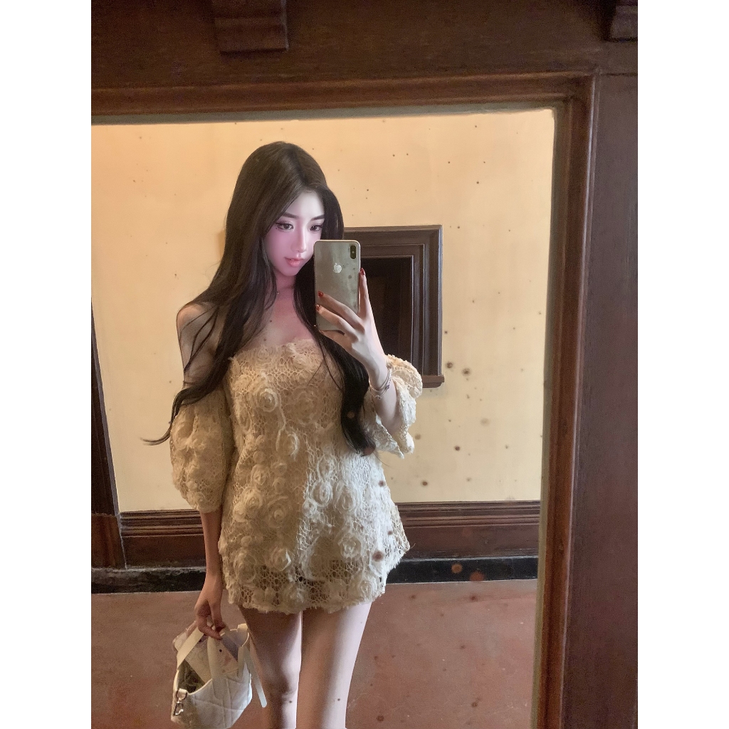 Heavy Industry Crochet Craft French Retro Print One-Shoulder Tube Top ราคา ถูกที่สุด ดีลบีเคเค แกลเลอรีภาพที่ 4