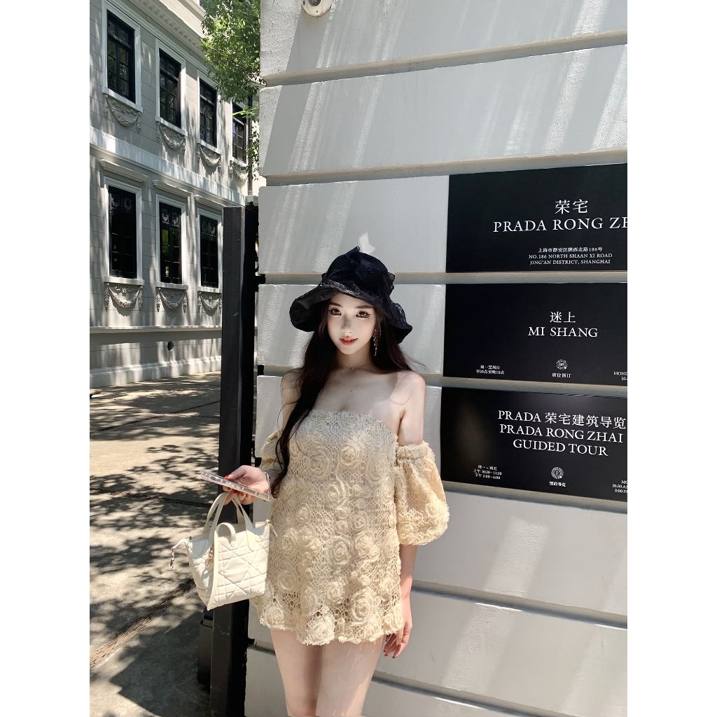 Heavy Industry Crochet Craft French Retro Print One-Shoulder Tube Top ราคา ถูกที่สุด ดีลบีเคเค แกลเลอรีภาพที่ 2