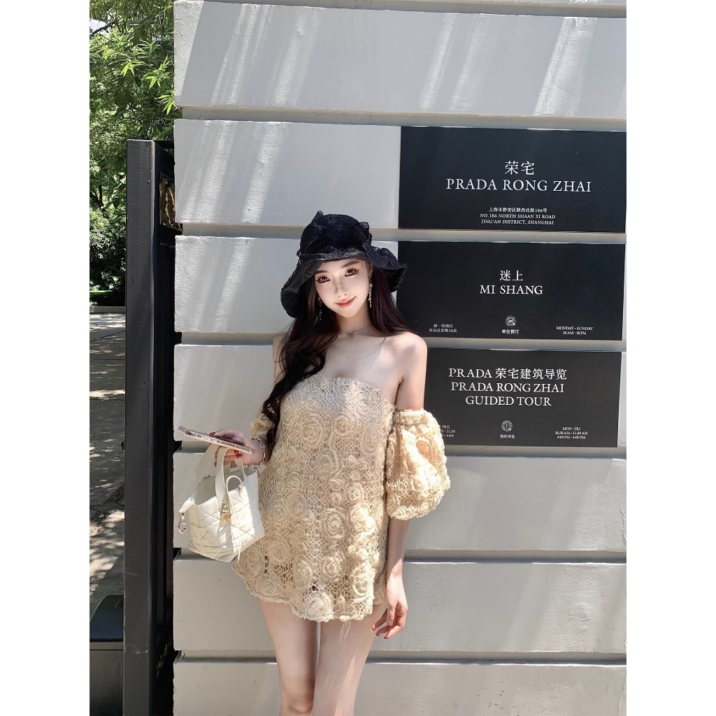 Heavy Industry Crochet Craft French Retro Print One-Shoulder Tube Top ราคา ถูกที่สุด ดีลบีเคเค