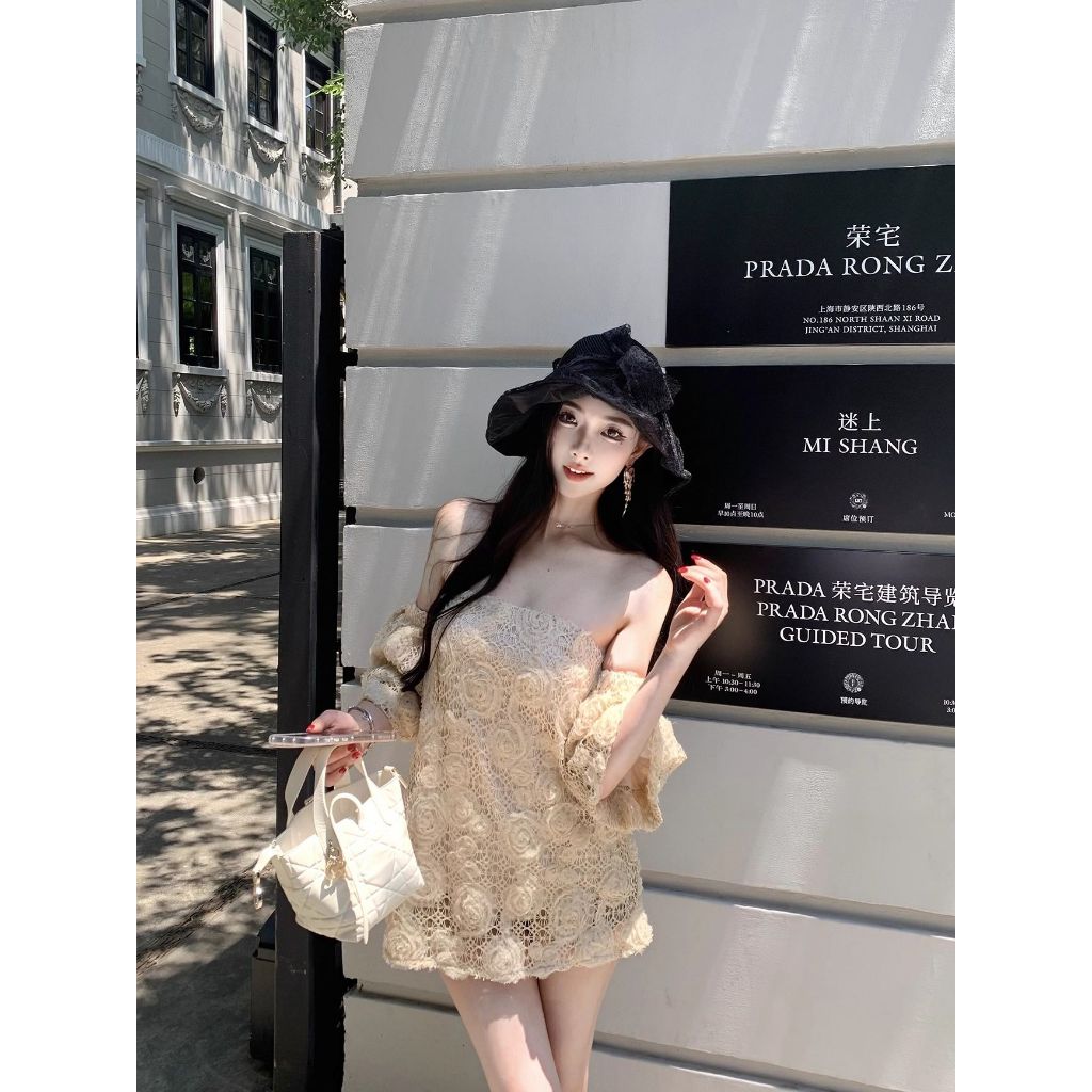 Heavy Industry Crochet Craft French Retro Print One-Shoulder Tube Top ราคา ถูกที่สุด ดีลบีเคเค แกลเลอรีภาพที่ 9