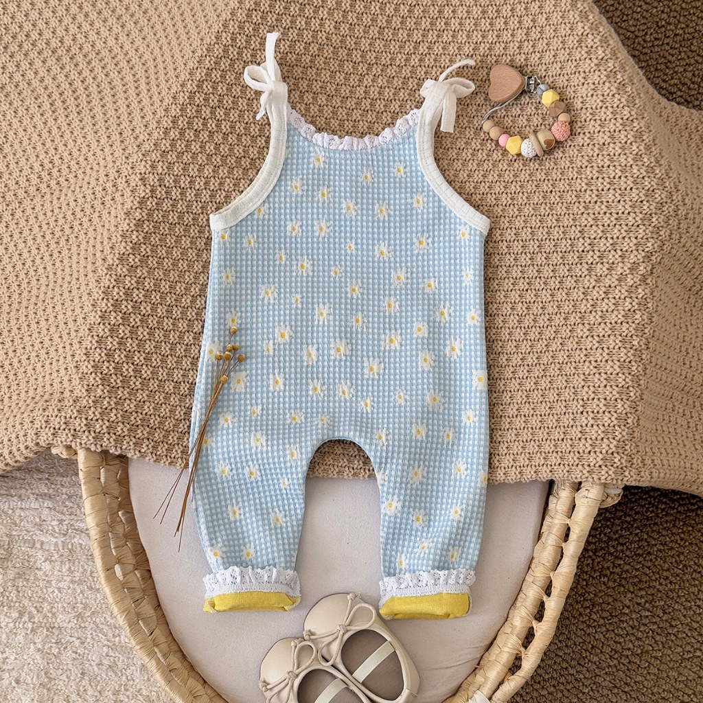 เสื้อผ้าเด็กสำหรับฤดูใบไม้ผลิและใบไม้ร่วง พิมพ์ลายดอกไม้ สีฟ้าอ่อน กางเกงเอวสูง นุ่มสบาย เหมาะสำหรับทารก