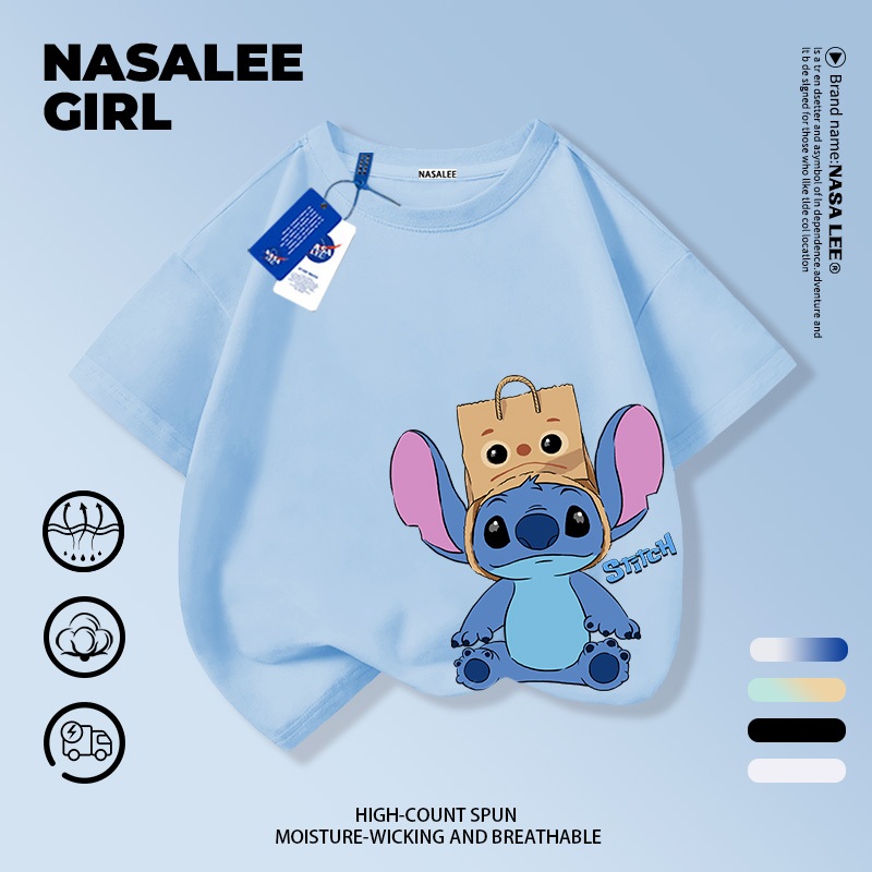 【จัดส่งวันเดียวกัน × ถึงใน 2 วัน】เสื้อยืดเด็ก NASA สีฟ้าอ่อน ผ้าฝ้ายระบายอากาศดี ลายสติตช์ (Stitch) น่ารัก แขนสั้น สบายๆ สำหรับเด็กชาย-หญิง