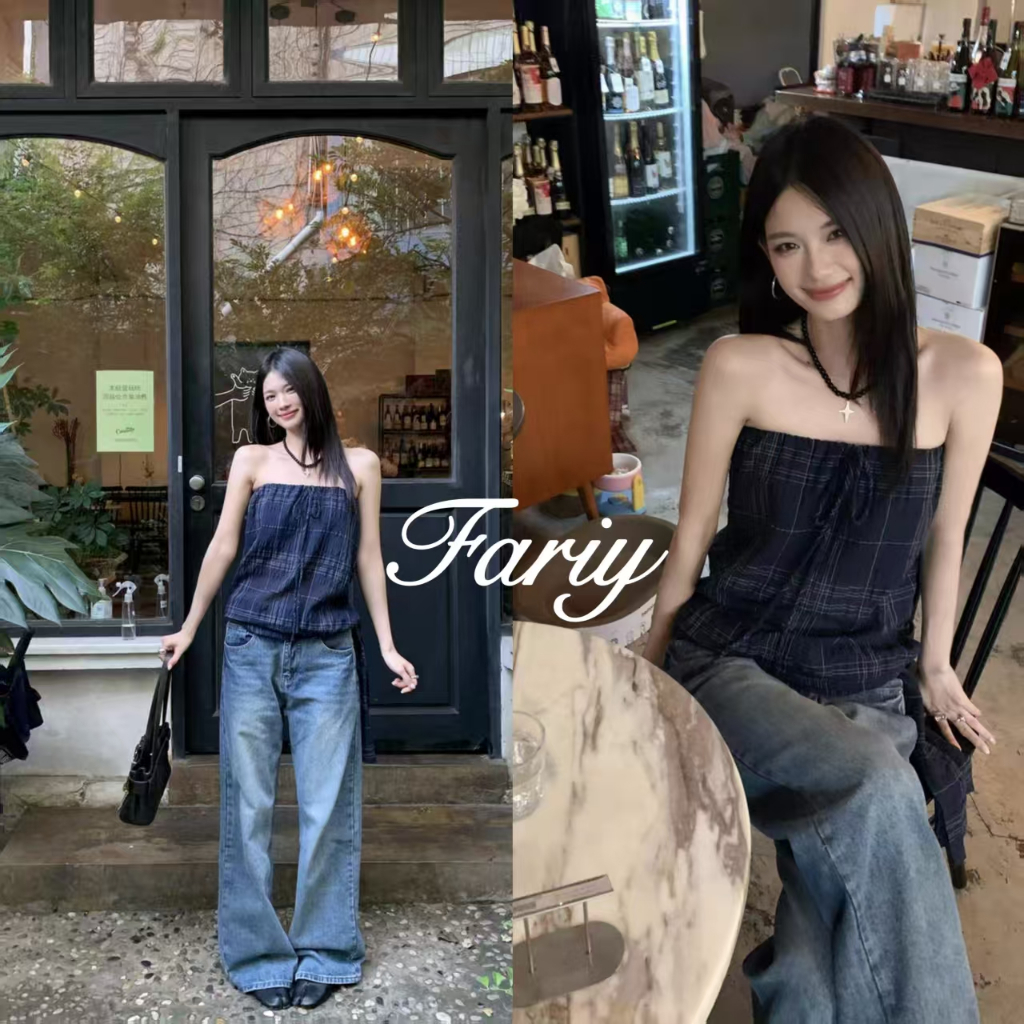 Fariy🍒คลังสินค้าพร้อม🍒 เสื้อกั๊กทรงท่อลายตารางผูกโบว์สไตล์ฮ่องกงสำหรับผู้หญิงในช่วงฤดูร้อนที่โปร่งใสเล็กน้อยสวมใส่เพียงครั้งเดียว