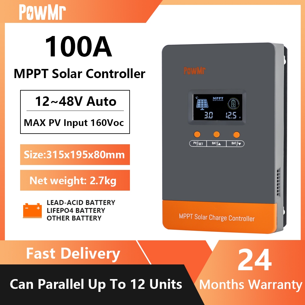 PowMr 100A MPPT ตัวควบคุมที่ชาร์จพลังงานแสงอาทิตย์ 12V-48V อินพุต PV สูงสุด 160VDC รองรับแบตเตอรี่ Lifepo4 ขนานได้ถึง 12 ยูนิต
