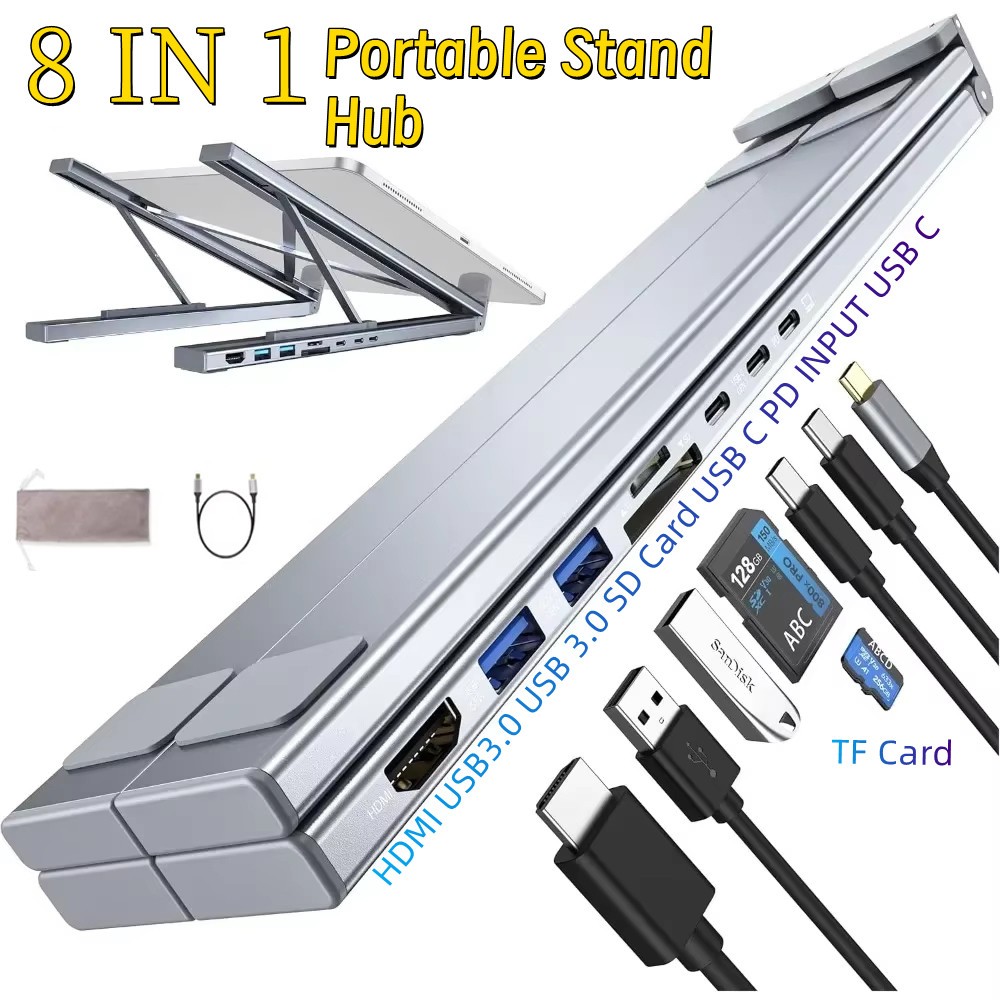 Universal แล็ปท็อปขาตั้ง 8 in 1 พร้อม USB Type-C PD HUB HDMI 4K @ 30hz SD TF การ์ดหน่วยความจําสําหรับผู้ถือแล็ปท็อปเดสก์ท็อป