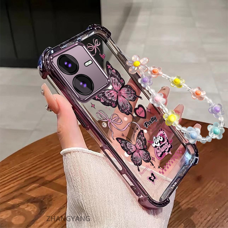 กรณีสําหรับ vivo Y22S Y22 ความงามผีเสื้อสีชมพูรูปแบบการออกแบบใหม่ Electroplated กันกระแทก TPU นุ่มฟร
