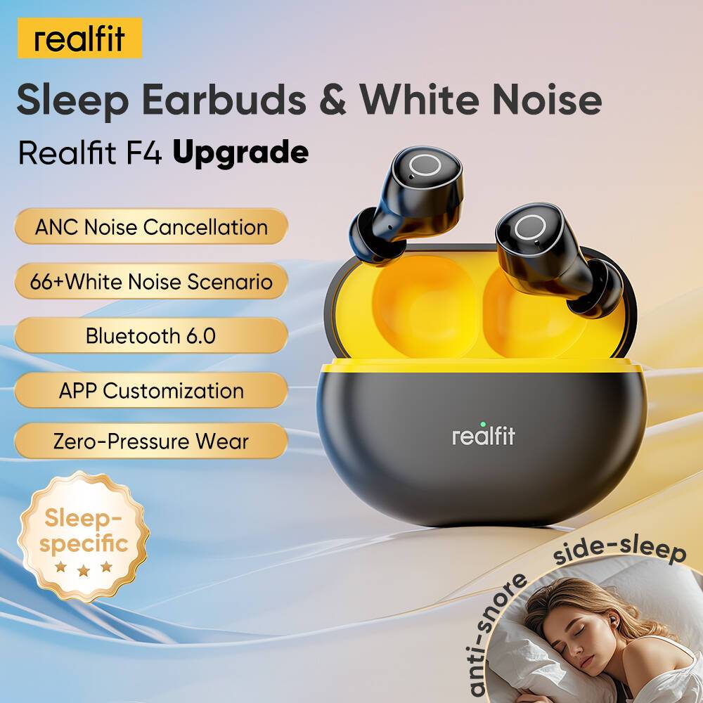 Realfit F4 Sleep หูฟังบลูทูธไร้สายแท้, บลูทูธ 6.0, ANC 40dB, หูฟังบลูทูธเบสหนักๆ, ปรับเบสได้, เสียงใ
