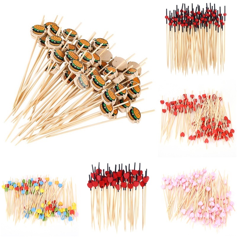 [JJCW] ไม้ไม้ไผ่แฮมเบอร์เกอร์ 100 ชิ้น แท่งผลไม้แบบใช้แล้วทิ้ง ไม้จิ้มอาหาร QQW