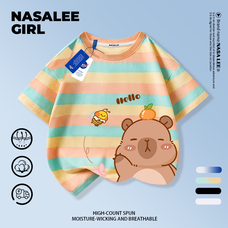 【จัดส่งภายใน 48 ชั่วโมง】เสื้อยืดแขนสั้นเด็ก NASA ผ้าฝ้ายขาว ลายคาปิบารา (Capybara) สไตล์น่ารัก ใส่ได้ทั้งเด็กชายและเด็กหญิง