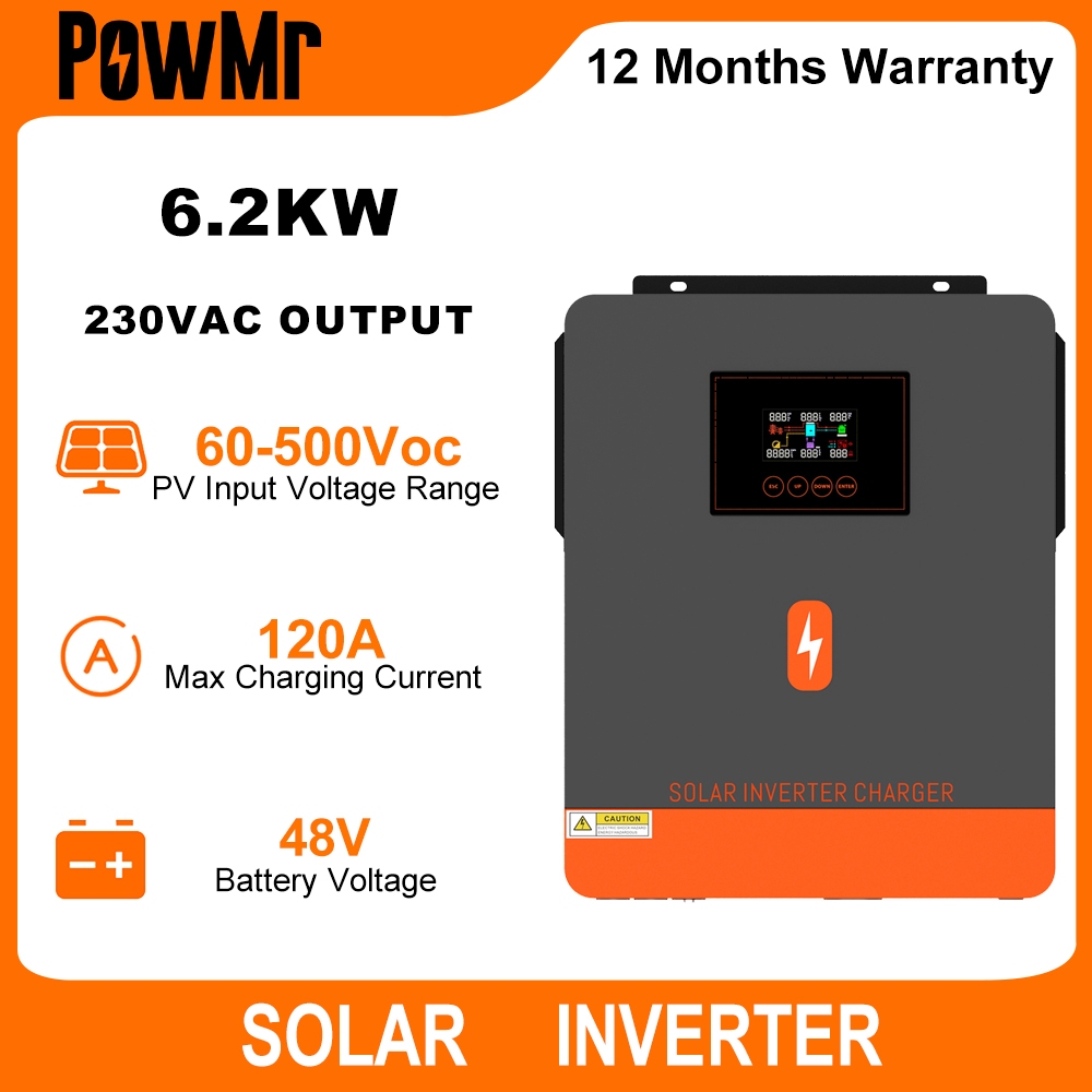 PowMr 6.2KW อินเวอร์เตอร์พลังงานแสงอาทิตย์อินเวอร์เตอร์ไฮบริดในตัว 120A MPPT คอนโทรลเลอร์ชาร์จพลังงานแสงอาทิตย์ 230VAC รองรับ 48V Lifepo4 500VDC แบตเตอรี่สามารถทํางานไม่มีแบตเตอรี่