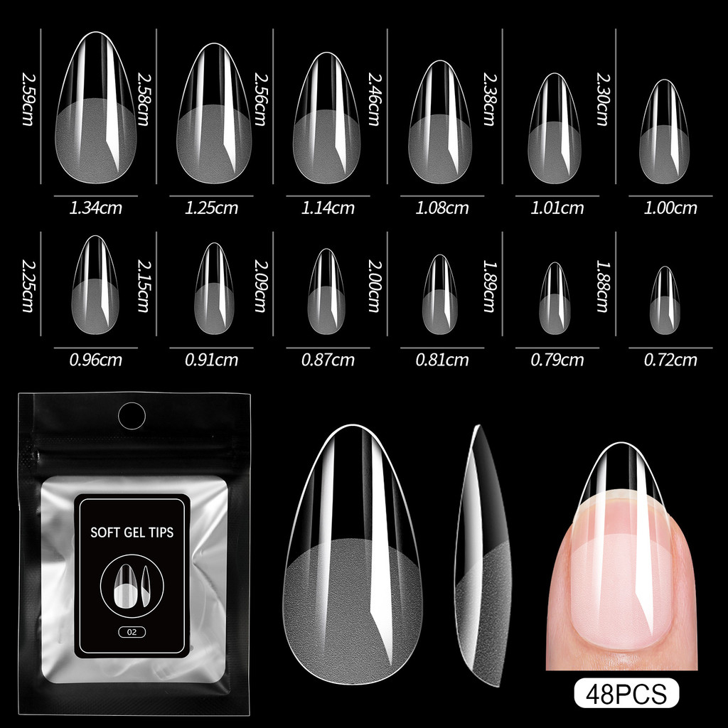 48PCS Soft Gel Tips Ultra Thin Seamless Semi-Matte Almond Coffin เล็บปลอม