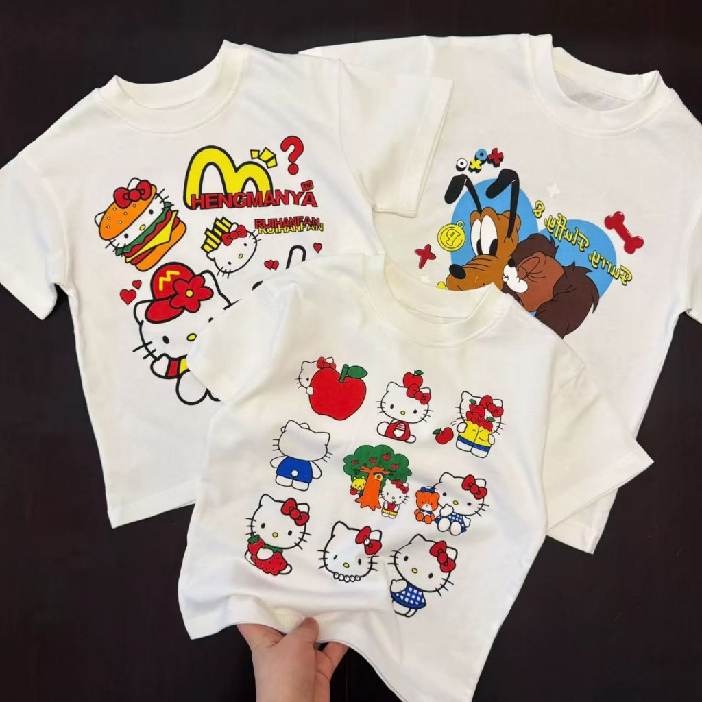 เสื้อยืดเด็กHELLO KITTYลายน่ารัก สไตล์เกาหลี 2025 ผ้าฝ้าย 100% นุ่มพิเศษ อายุ 2-12 ขวบ ใส่ไปโรงเรียน