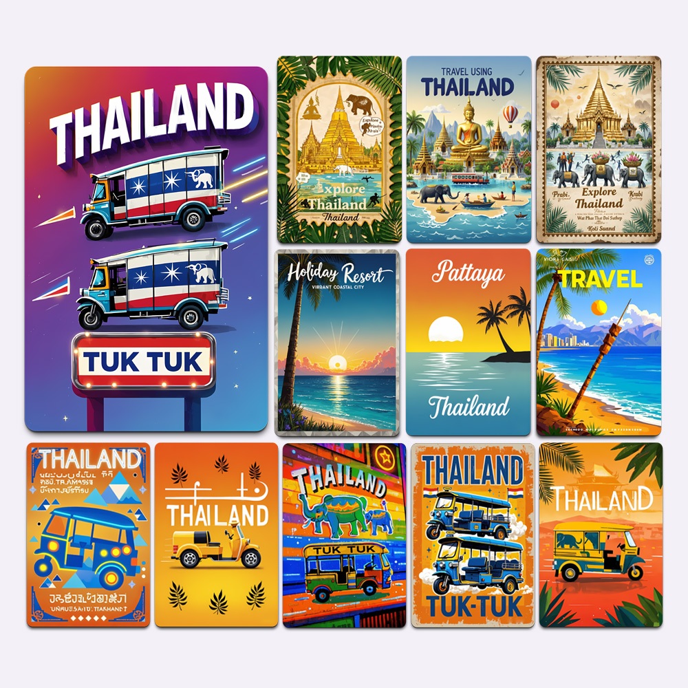 ภาพวาดตกแต่งวัฒนธรรมไทย | โปสเตอร์ศิลปะเหล็กรถสามล้อไทย ขนาด 20x30 ซม. เหมาะสำหรับของที่ระลึกในโรงแรม ร้านค้า หรือภาพวาดติดผนังแบบไม่มีกรอบ