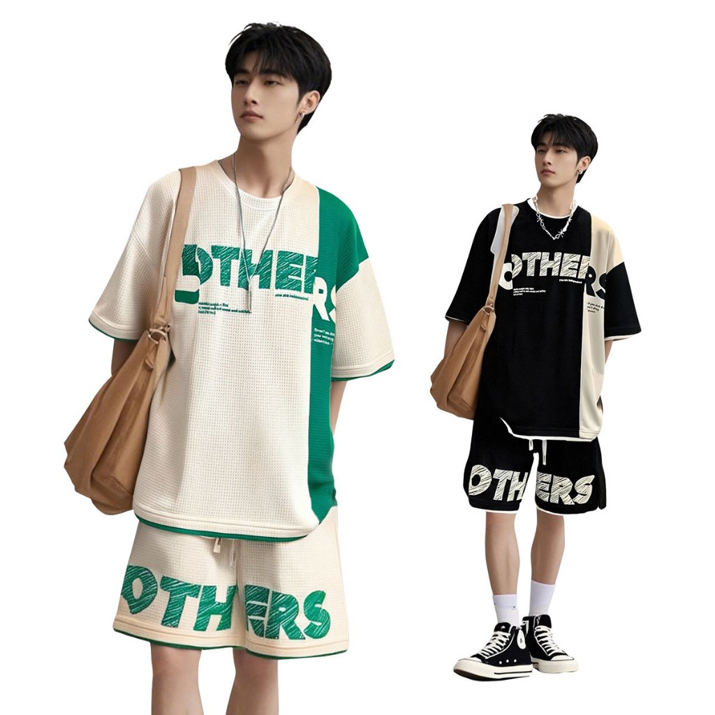 COOYA ชุดเสื้อแขนสั้น กางเกงขาสั้น ชุดกีฬา พิมพ์ลายตัวอักษร คอกลม แฟชั่น ลําลอง ผ้าฝ้าย